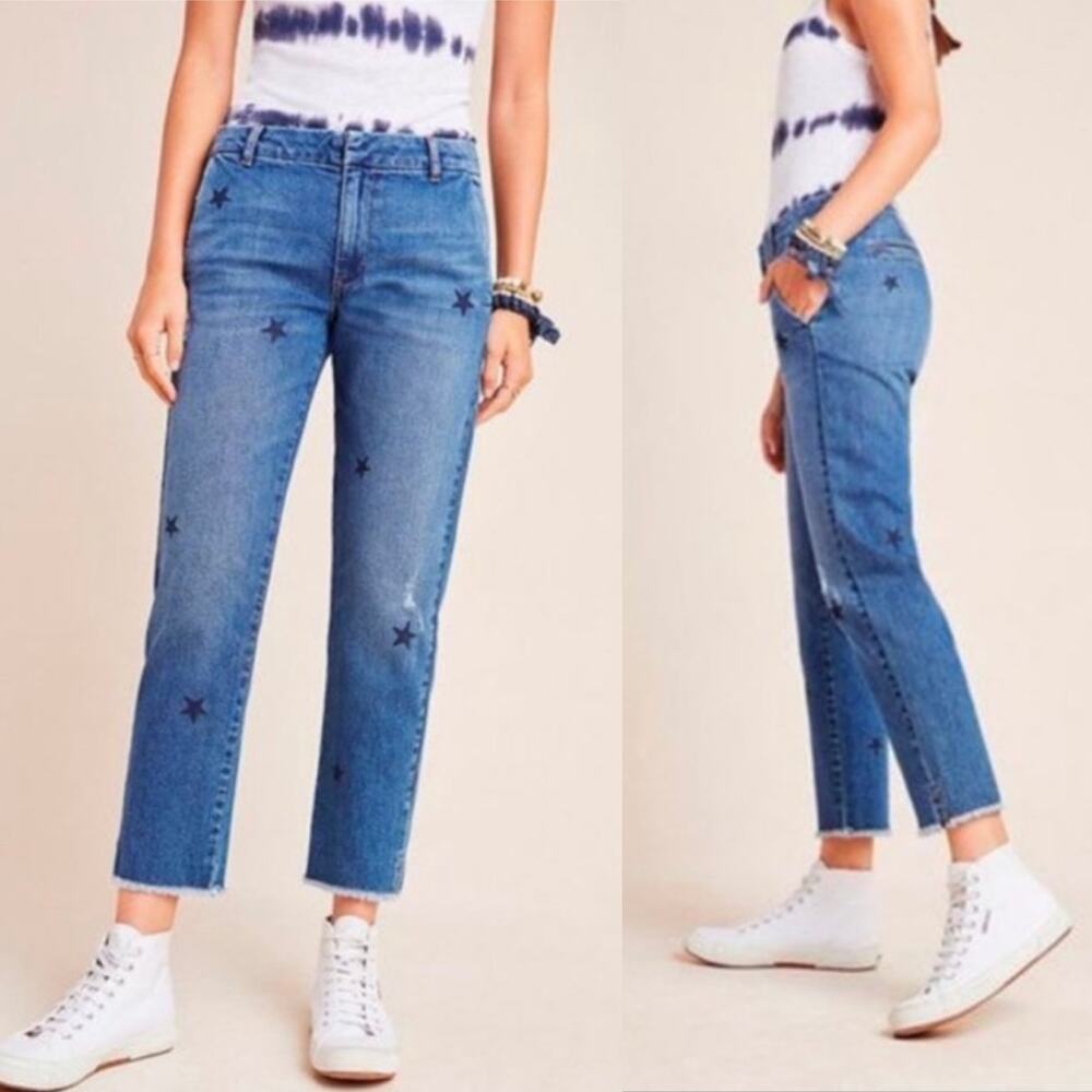 ANTHROPOLOGIE Sundry Blue Star Stamp Le Soleil Straight Leg Jeans 26